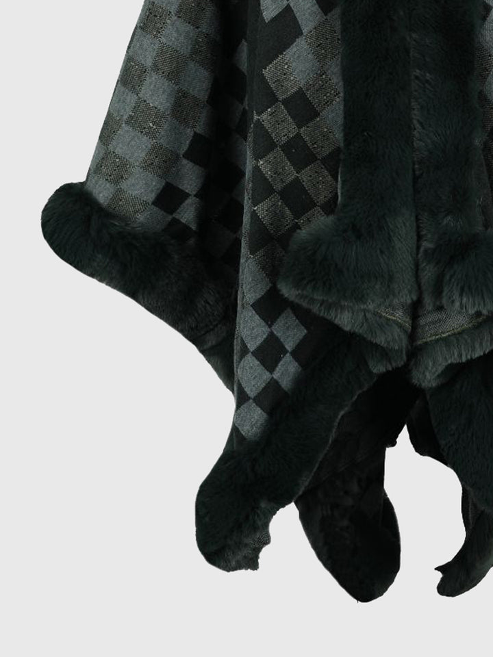 Checkered Faux Fur Trim Poncho - Super Amazing Store