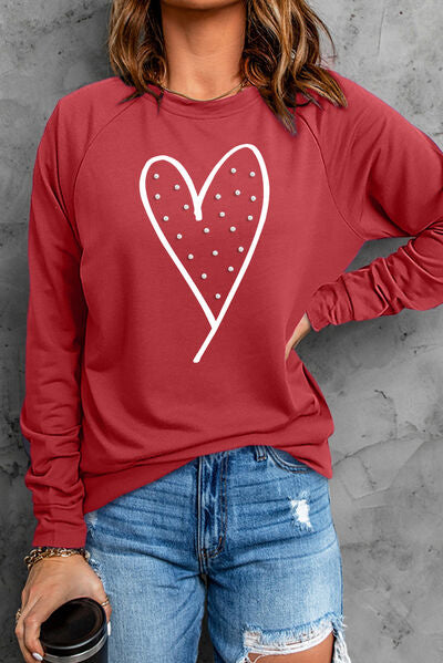 Heart Pearl Detail Round Neck Sweatshirt Trendsi