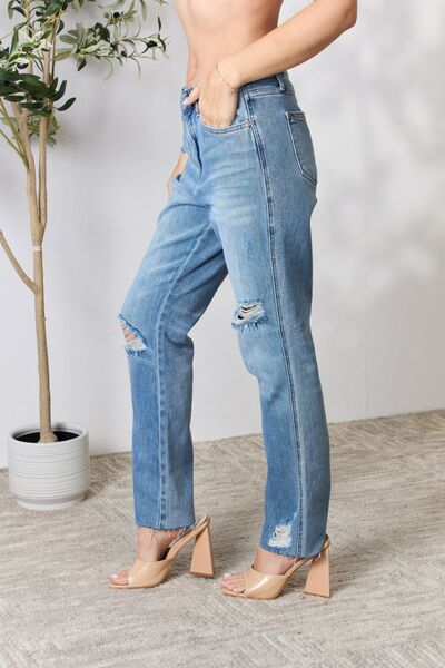 Judy Blue Full Size Distressed Raw Hem Straight Jeans Trendsi