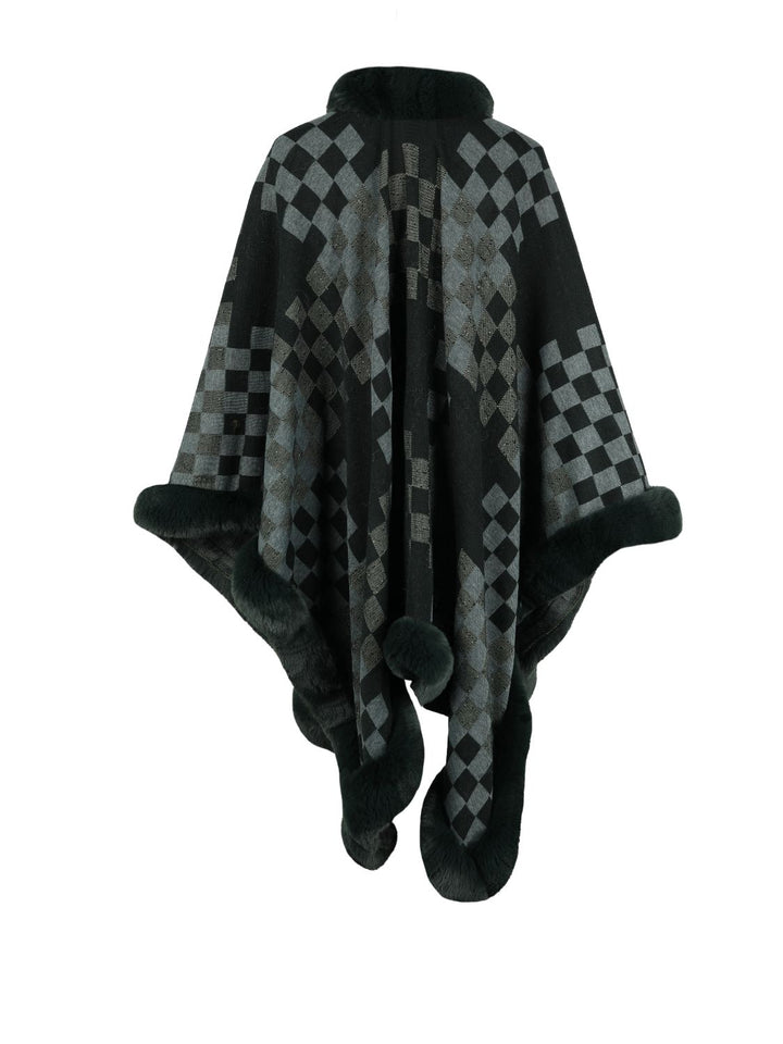 Checkered Faux Fur Trim Poncho - Super Amazing Store