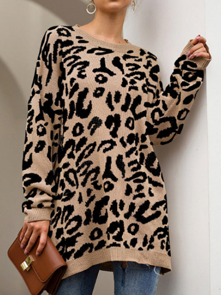 Leopard Round Neck Tunic Sweater Trendsi