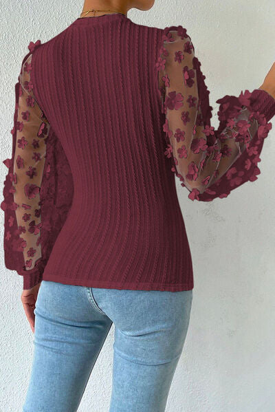 Double Take Textured Applique Long Sleeve Blouse Trendsi