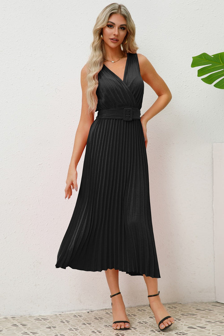 Surplice Sleeveless Midi Pleated Dress Trendsi