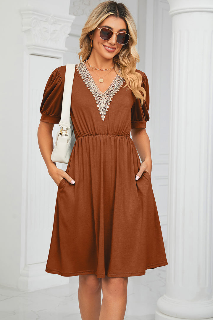 V-Neck Puff Sleeve Dress Trendsi