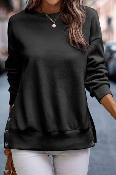 Snap Detail Round Neck Dropped Shoulder Sweatshirt Trendsi