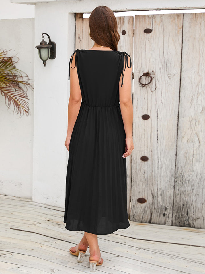 Pleated V-Neck Sleeveless Midi Dress Trendsi