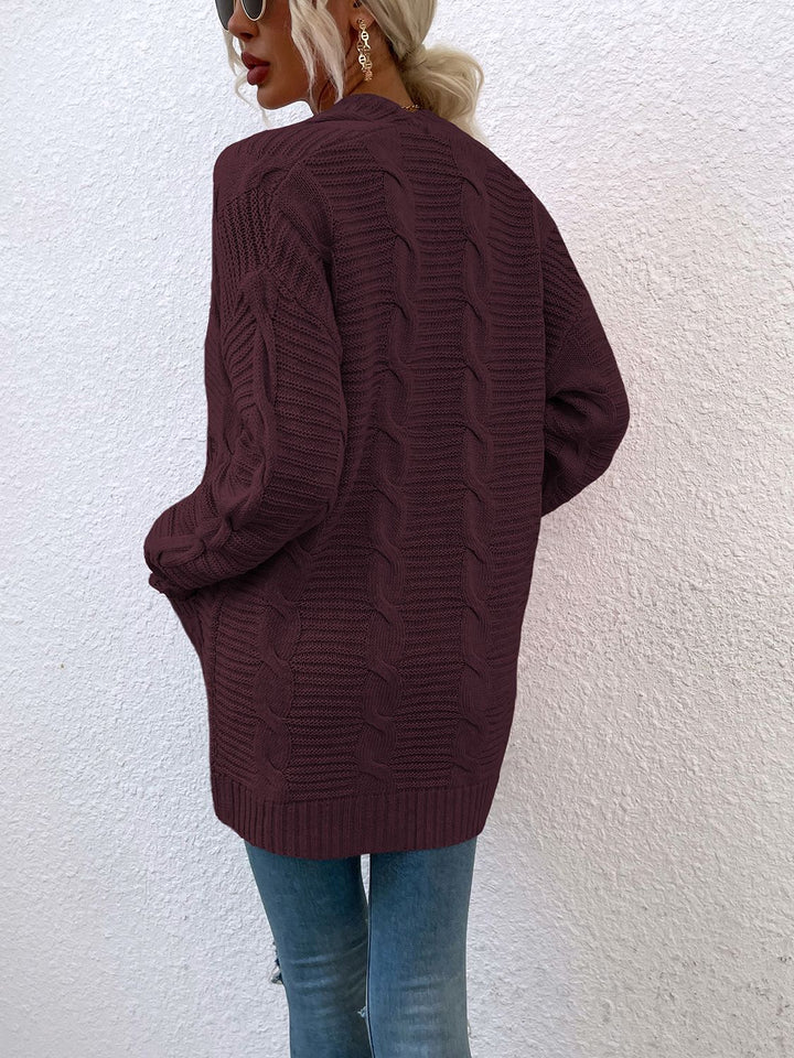 Cable-Knit Open Front Cardigan with Pockets Trendsi