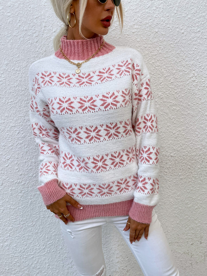 Snowflake Pattern Mock Neck Sweater - Super Amazing Store