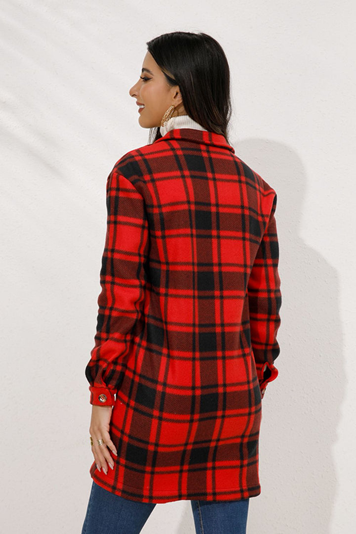 Plaid Collared Longline Coat Trendsi