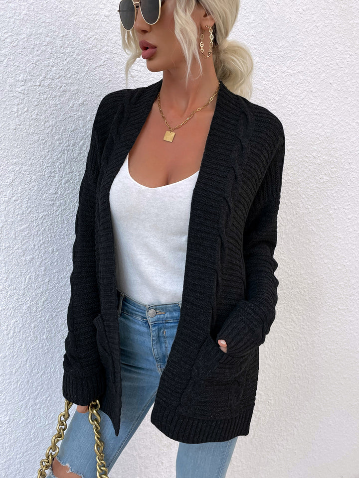 Cable-Knit Open Front Cardigan with Pockets Trendsi