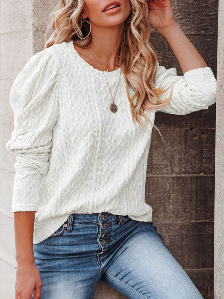 Round Neck Puff Sleeve Knit Top Trendsi