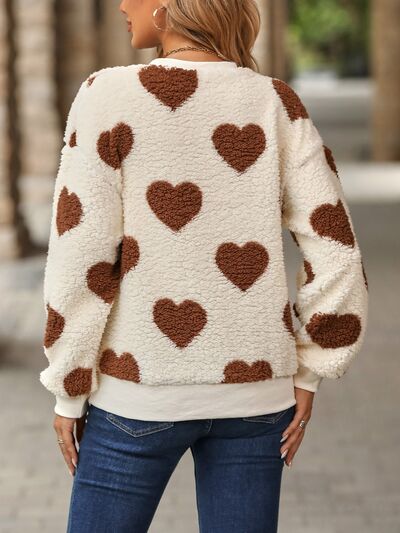 Fuzzy Heart Dropped Shoulder Sweatshirt Trendsi