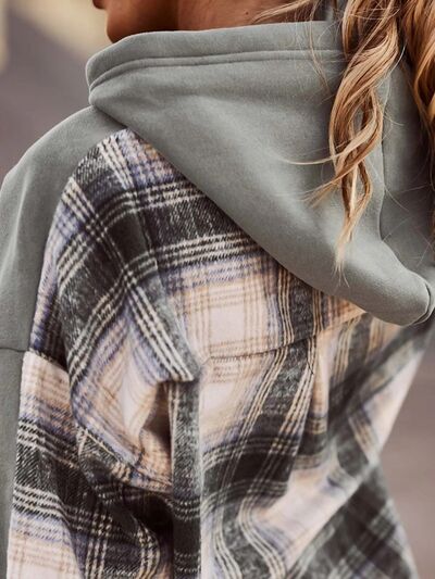 Plaid Drawstring Dropped Shoulder Hoodie Trendsi