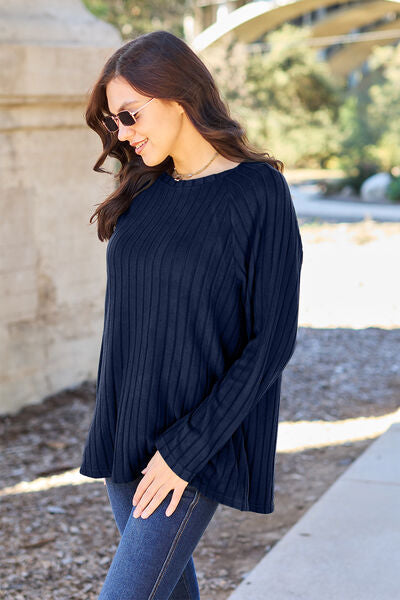 Basic Bae Full Size Ribbed Round Neck Long Sleeve Knit Top Trendsi