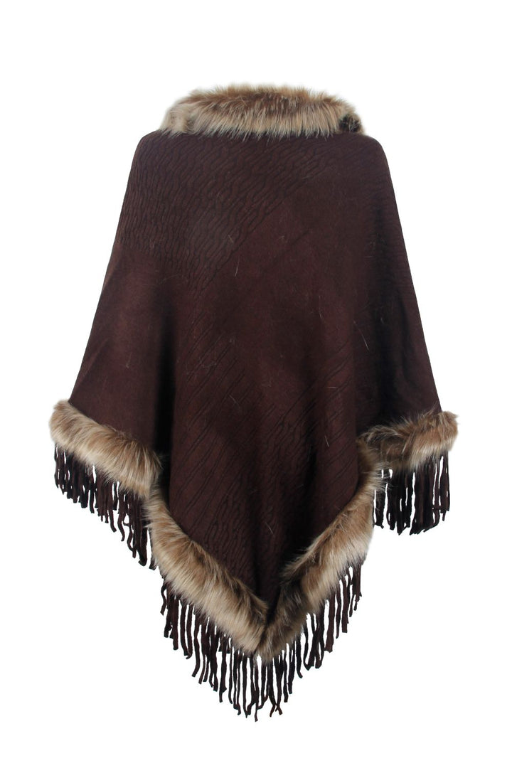 Faux Fur Trim Fringed Poncho - Super Amazing Store