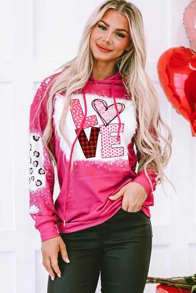 LOVE Heart Drawstring Dropped Shoulder Hoodie Trendsi