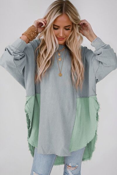 Contrast Texture Round Neck Long Sleeve Blouse Trendsi